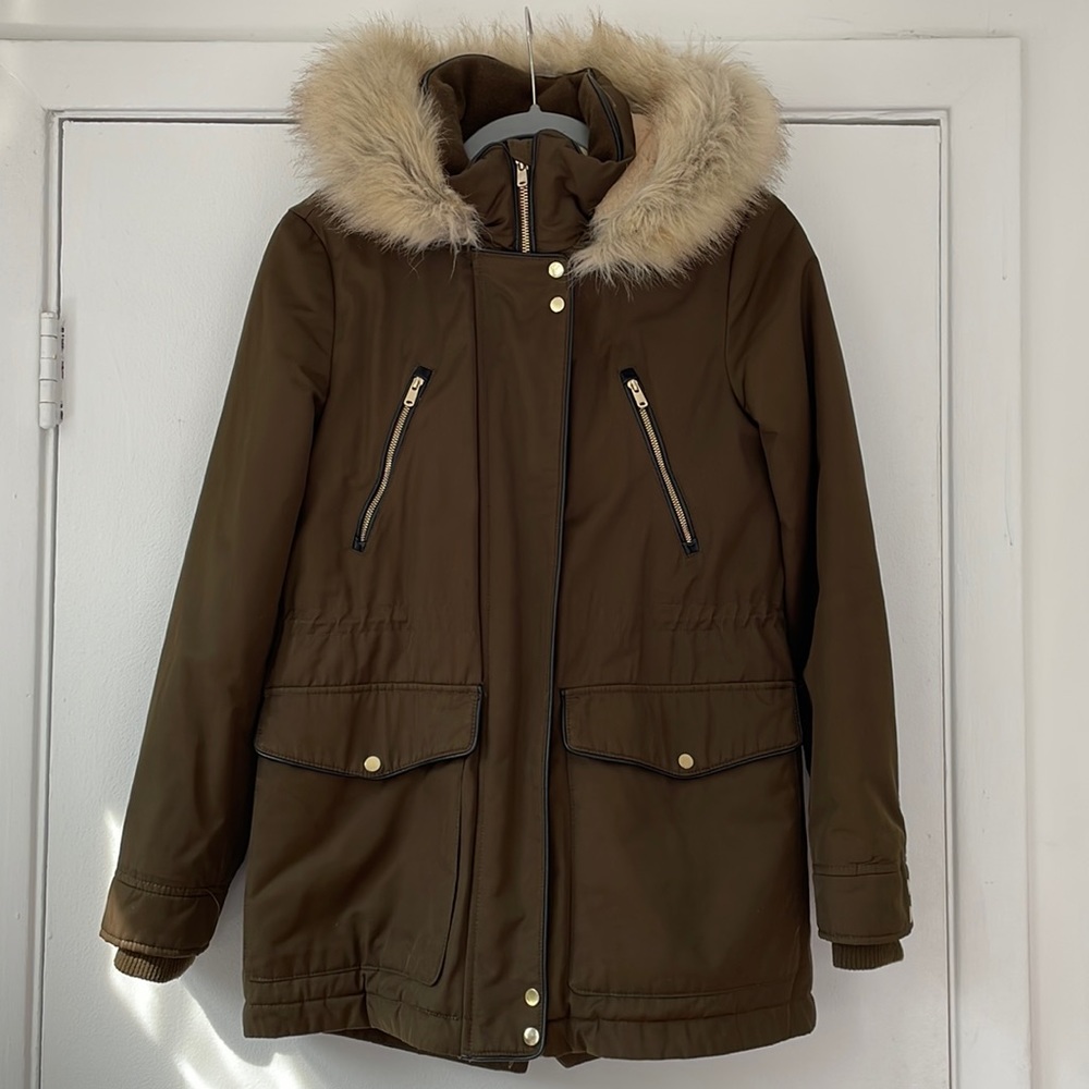 Zara Dark Green Parka Jacket Coat with Fur Hood XS